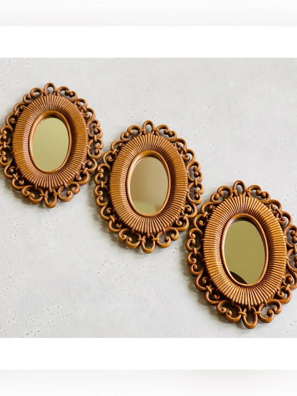 3 Vintage Homco Faux Wicker Rattan Oval Wall Mirrors Small 70s Boho